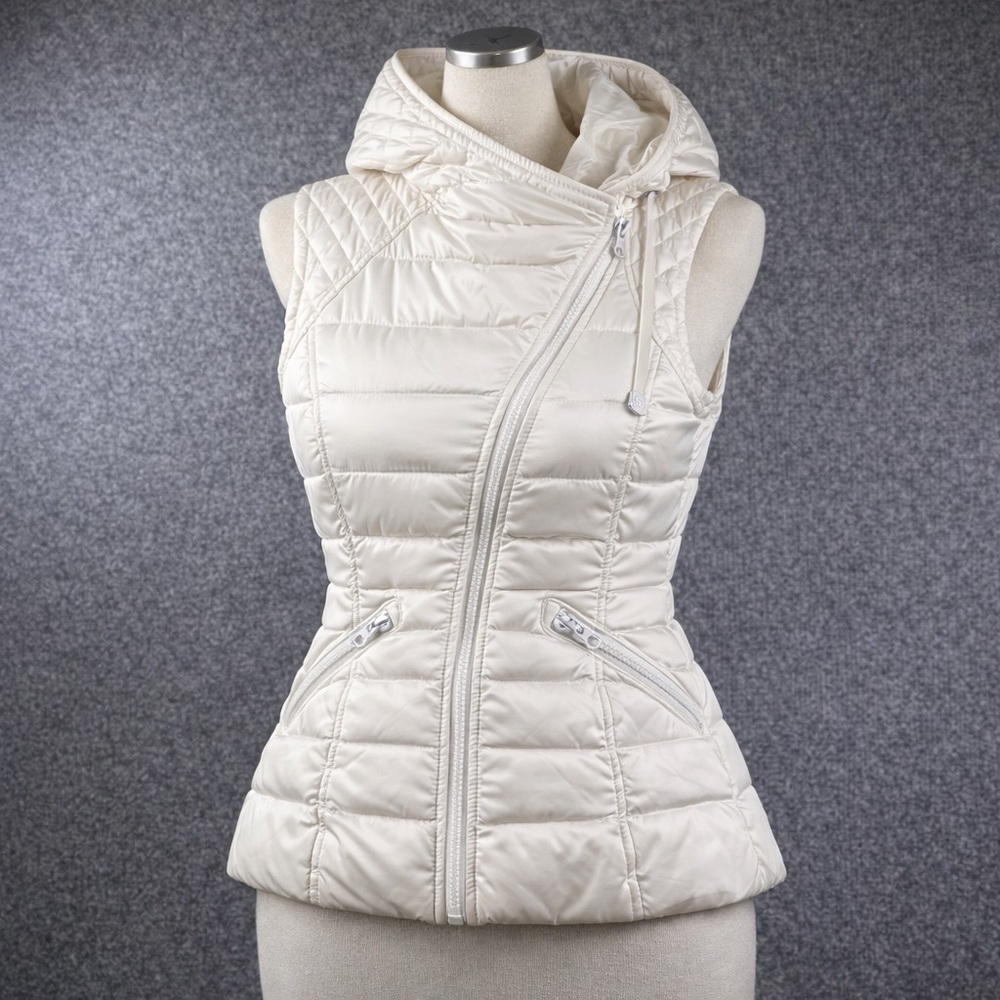 Blanc Noir Puffer Vest Womens Medium White Softshell Quilted Down Asymmetric Zip - Picture 15 of 15